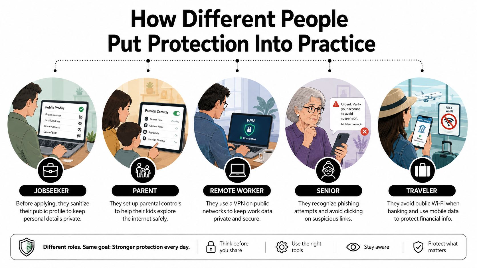 An infographic illustrating five common scenarios where individuals take proactive steps to protect their personal information online.