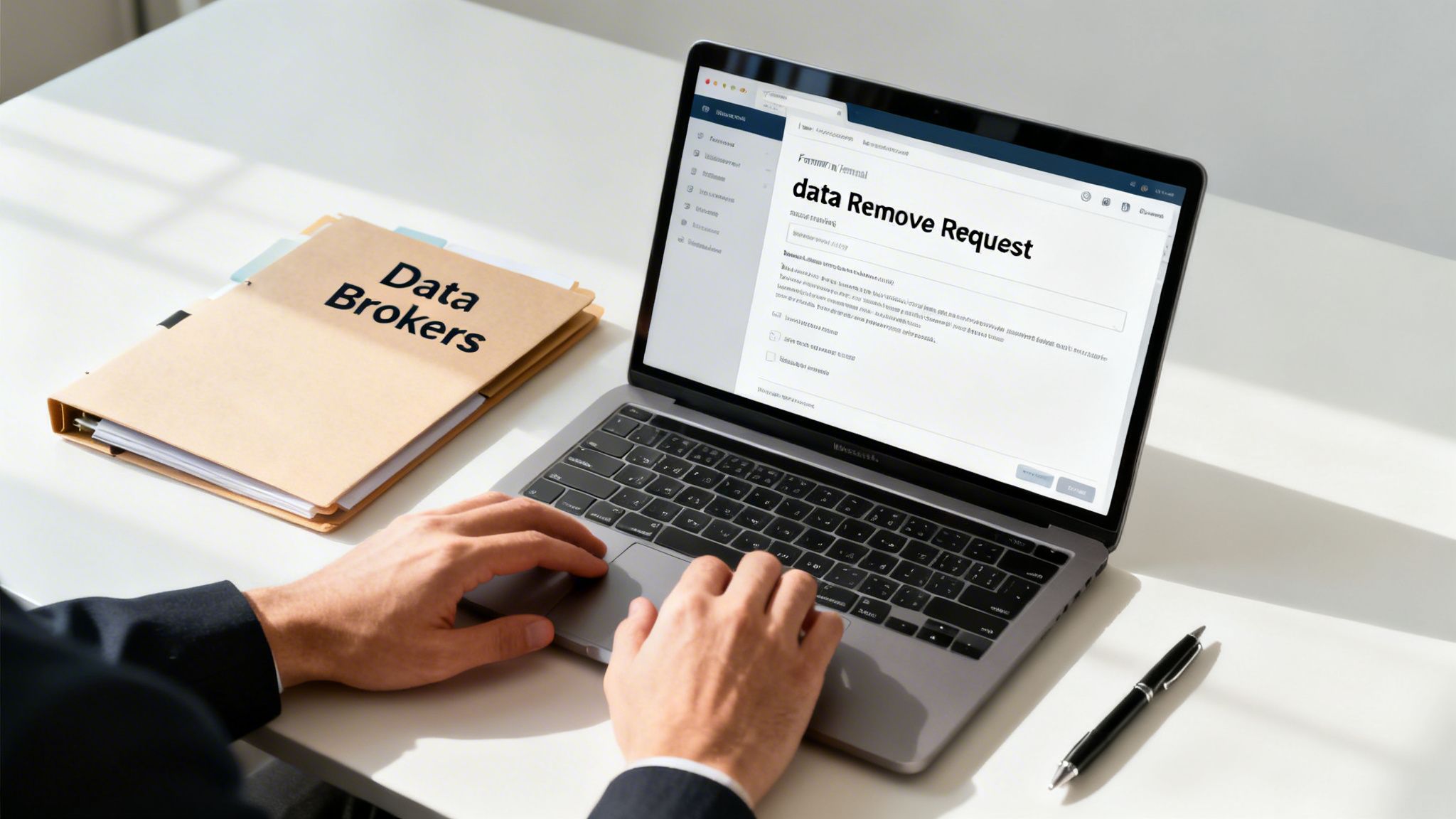 A person typing on a laptop with a 'data Remove Request' form on screen, next to a 'Data Brokers' folder.