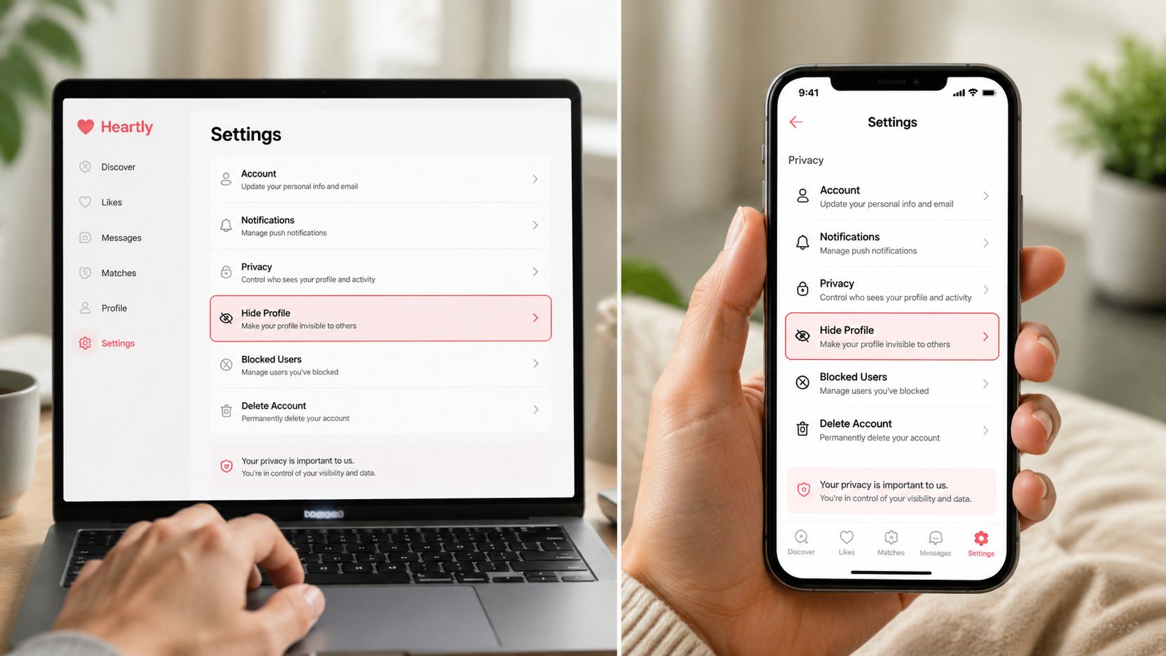 A person using a laptop and a smartphone showing the Heartly dating app settings menu screen.