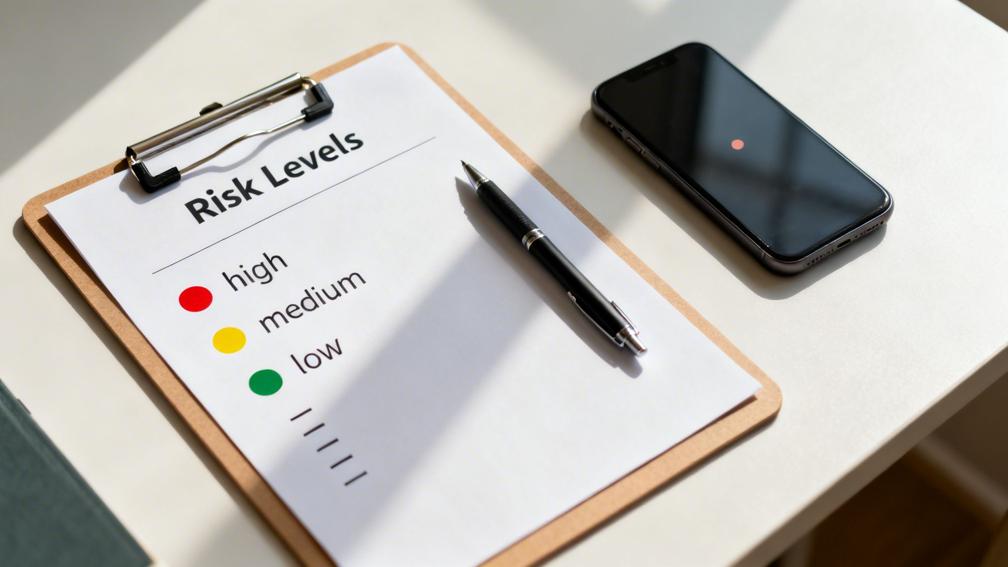 Document on clipboard displays 'Risk Levels' (high, medium, low) next to a pen and smartphone.