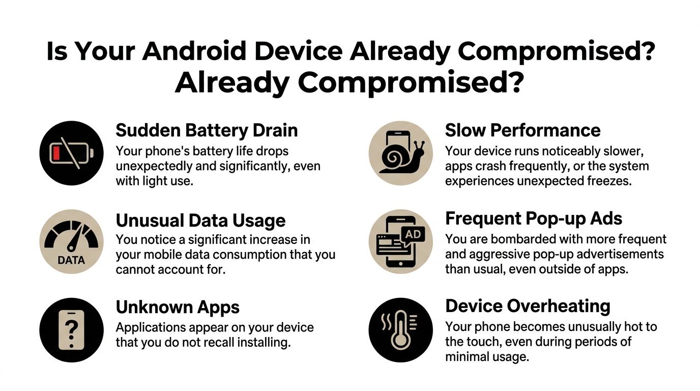 A list of six common warning signs indicating that an Android smartphone may have been compromised or hacked.