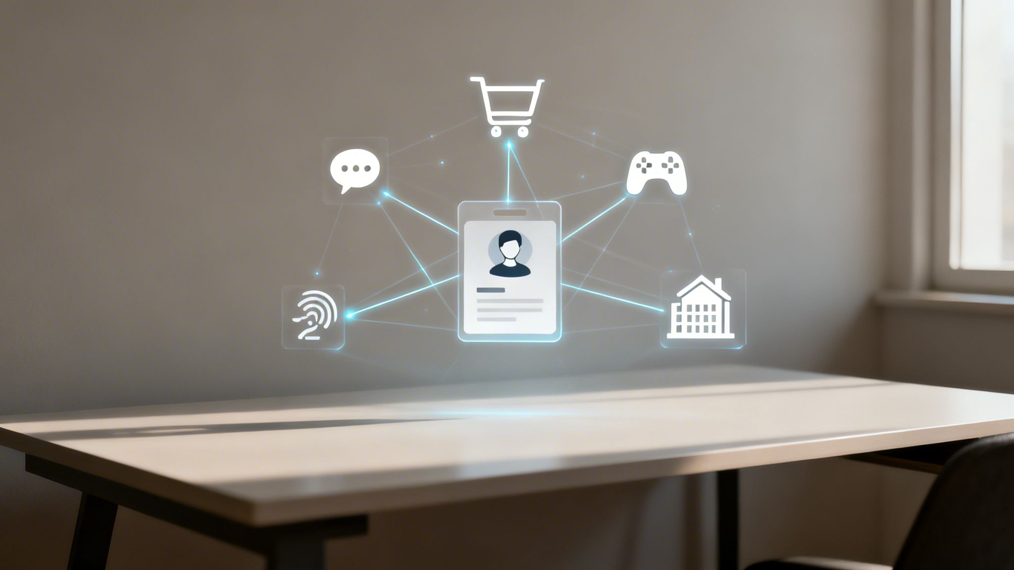 A glowing digital identity card at the center, connecting to icons for shopping, chat, gaming, fingerprint, and smart home services, floating above a wooden desk.