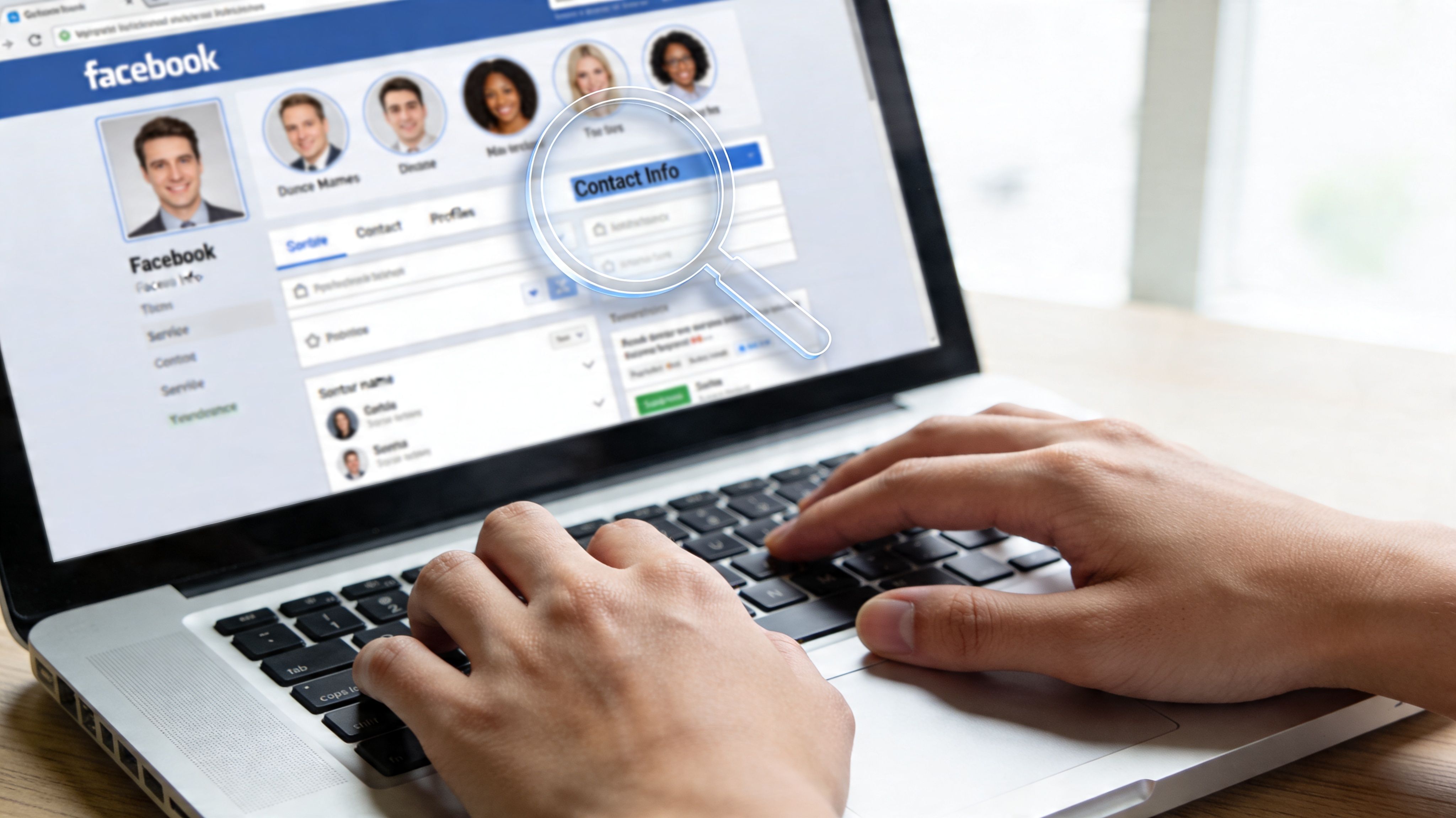 A person using a laptop to search for contact information on a Facebook profile page.