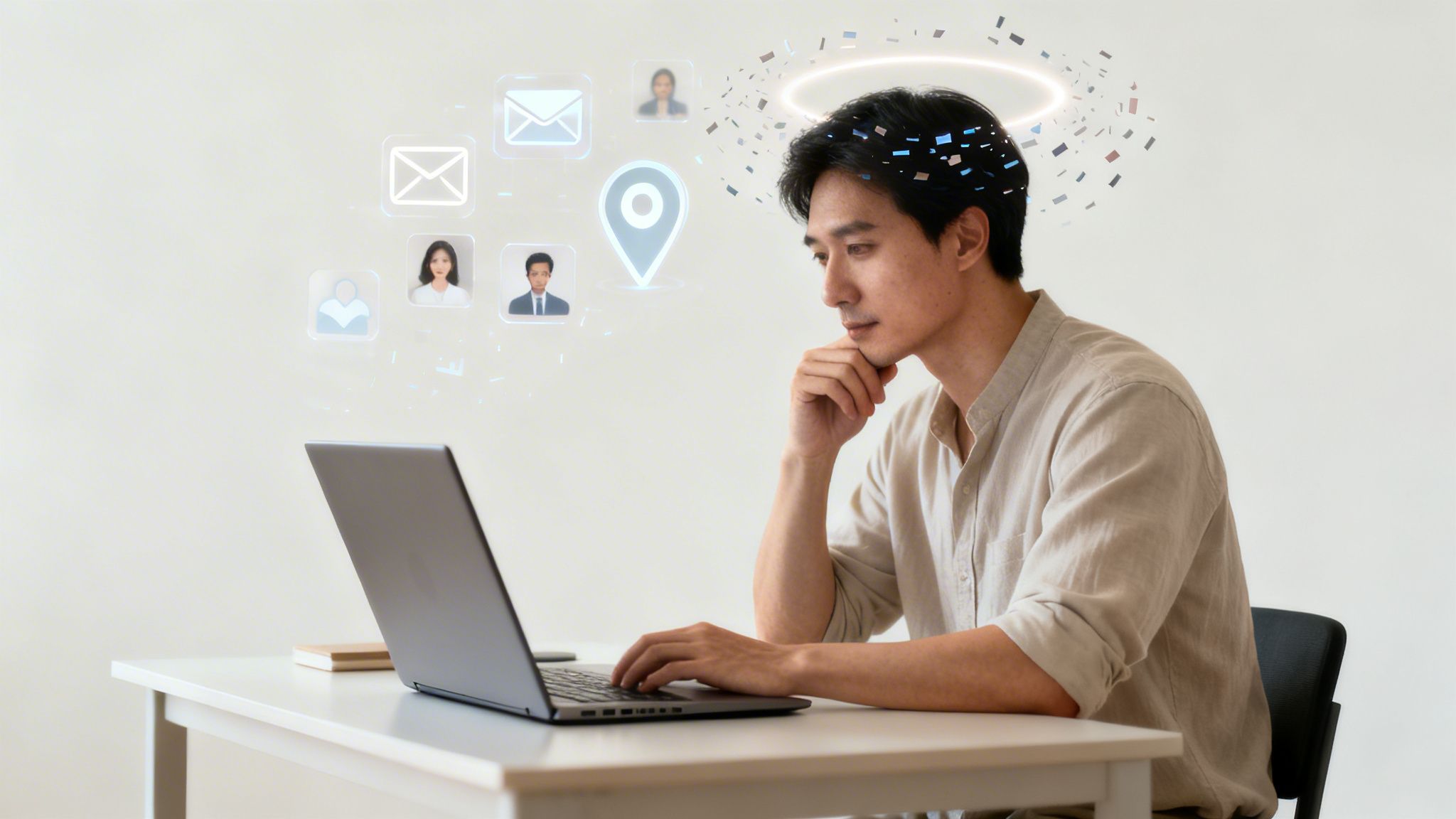 A focused man works on a laptop, surrounded by glowing digital identity and communication icons.