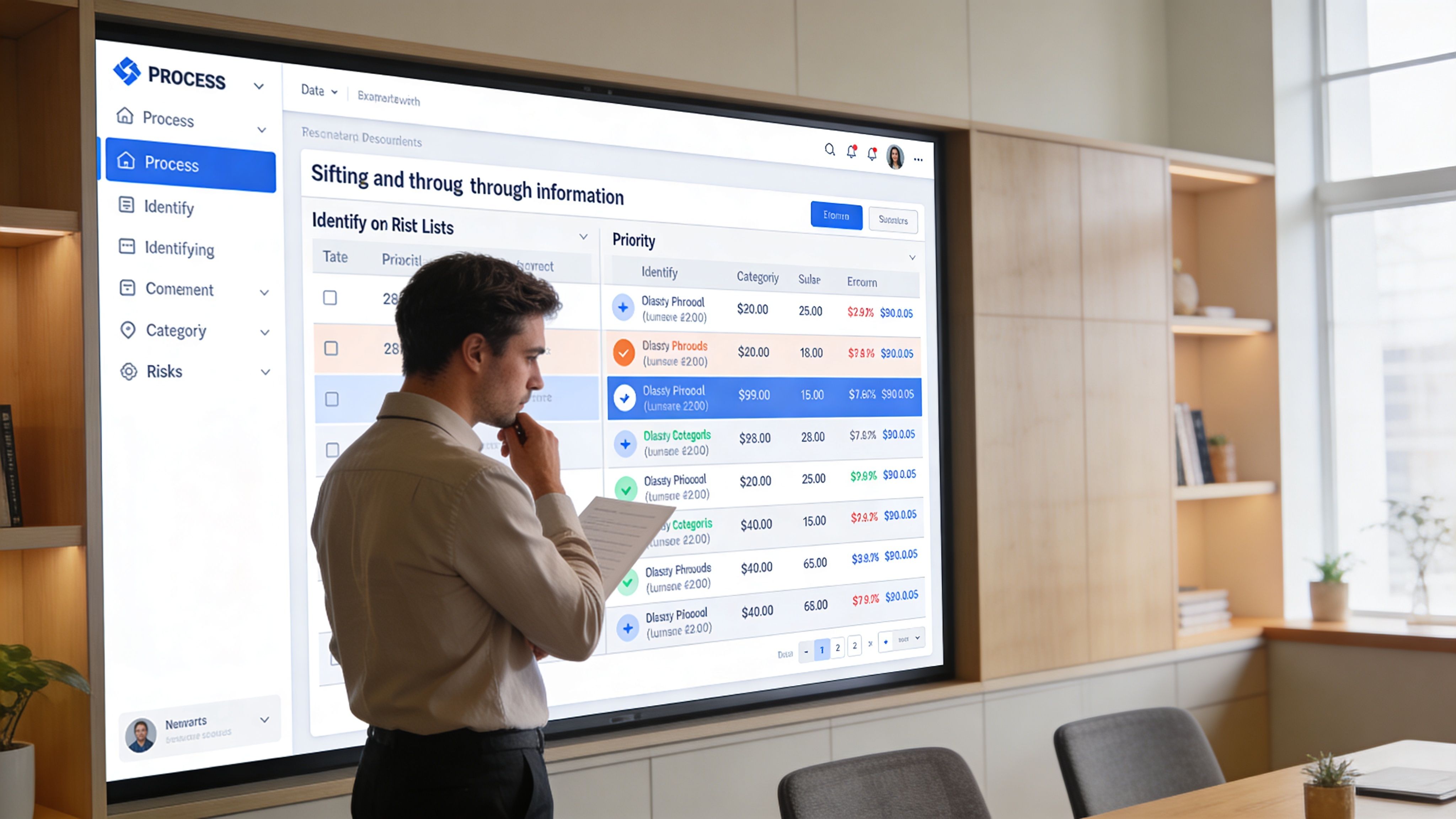 A professional man standing in an office reviewing complex business data on a large digital screen.