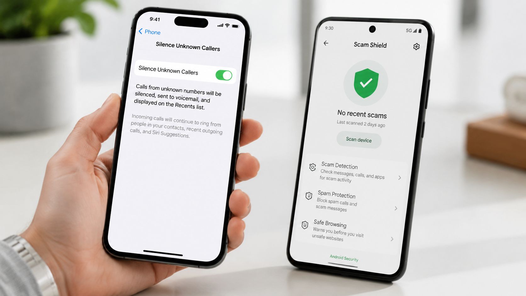 A hand holding an iPhone displaying spam blocking settings next to an Android phone showing security features.
