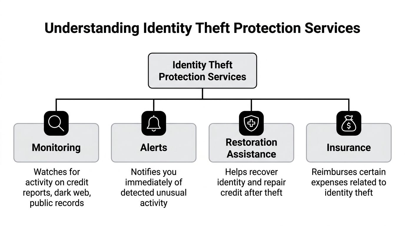 A diagram outlining the four core components of identity theft protection services: monitoring, alerts, restoration, and insurance.