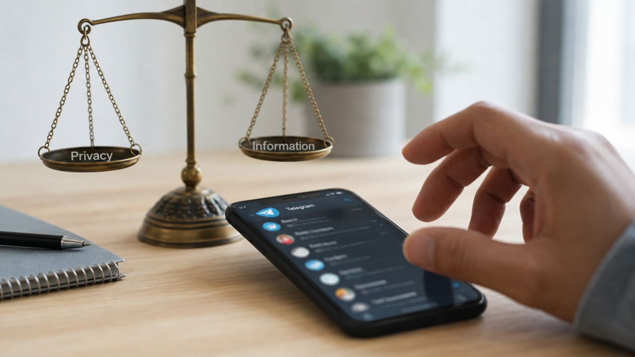 A person using a Telegram app on a smartphone next to scales symbolizing privacy versus information.