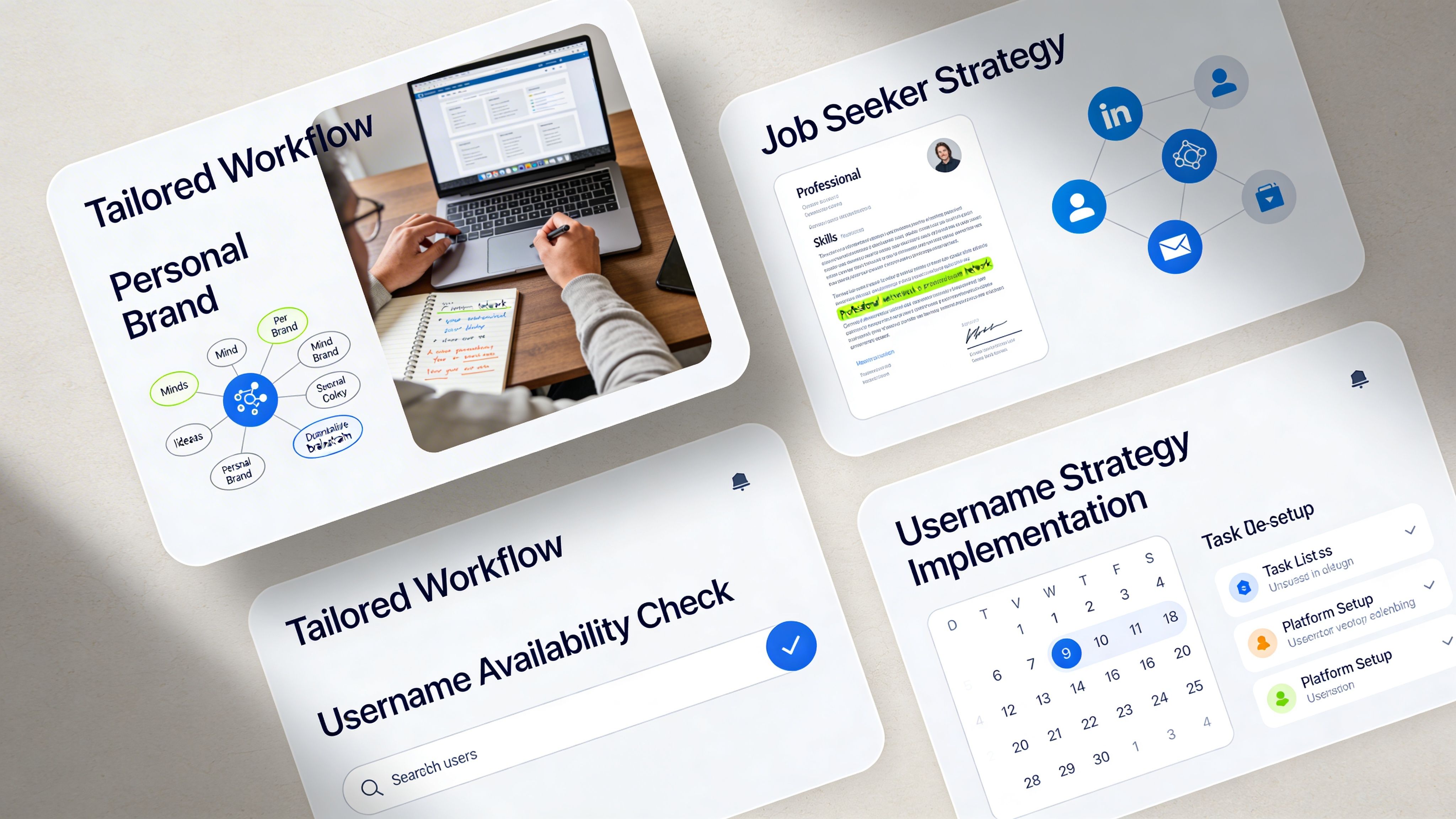 A conceptual graphic displaying branding strategies, job seeker workflows, and a digital username availability checker tool.