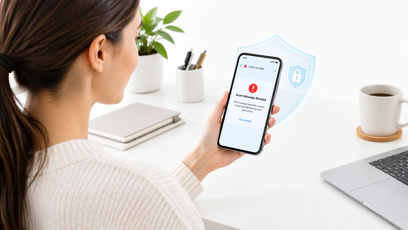 A woman holding a smartphone displaying a scam message blocked notification with a digital security shield icon.