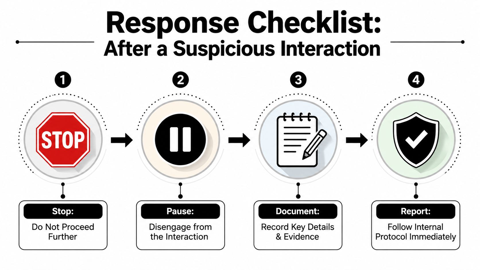 A numbered four-step infographic illustrating procedures for handling suspicious interactions: stop, pause, document, and report.