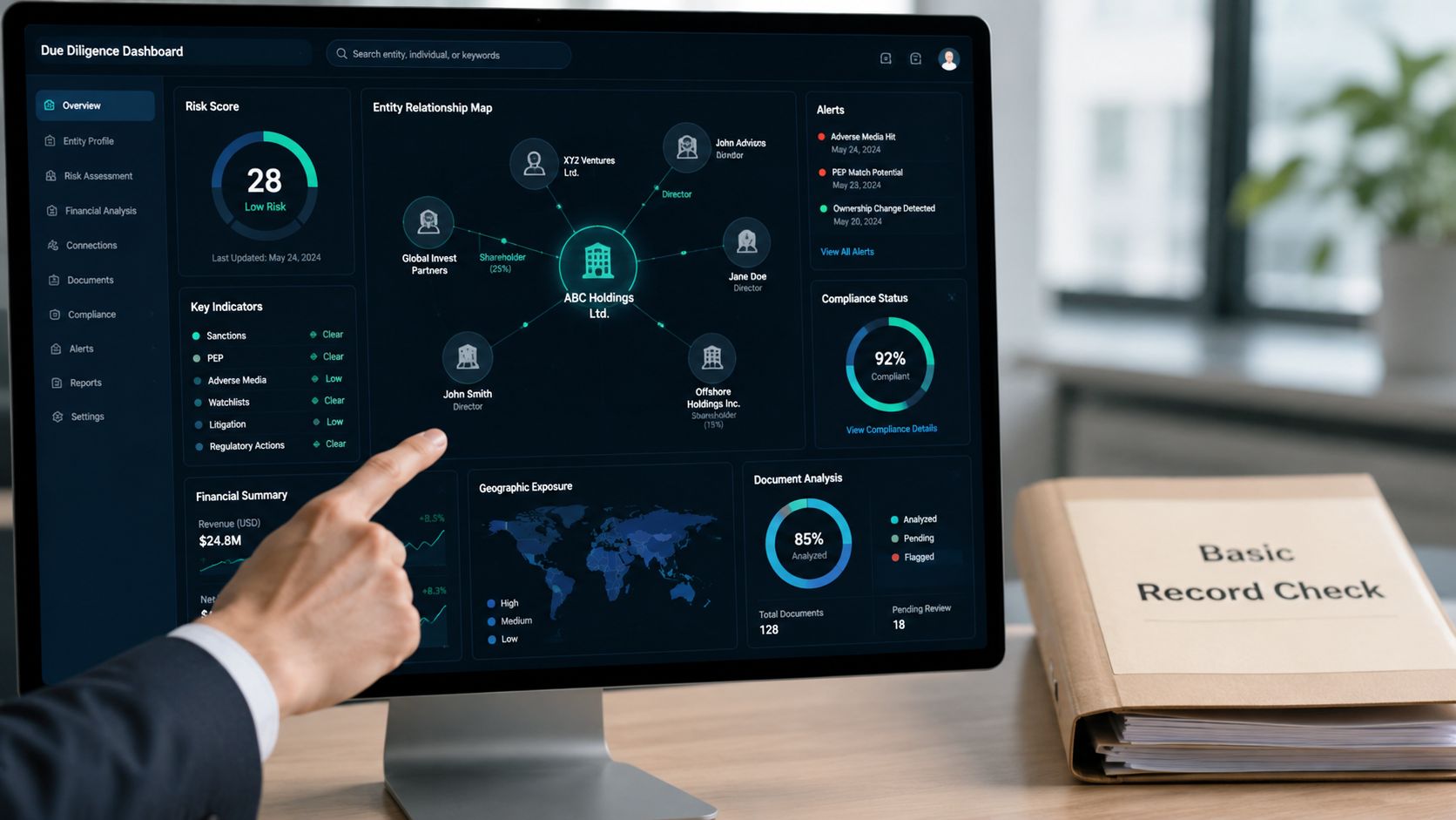 A professional analyzing a due diligence dashboard on a computer screen for business risk assessment.