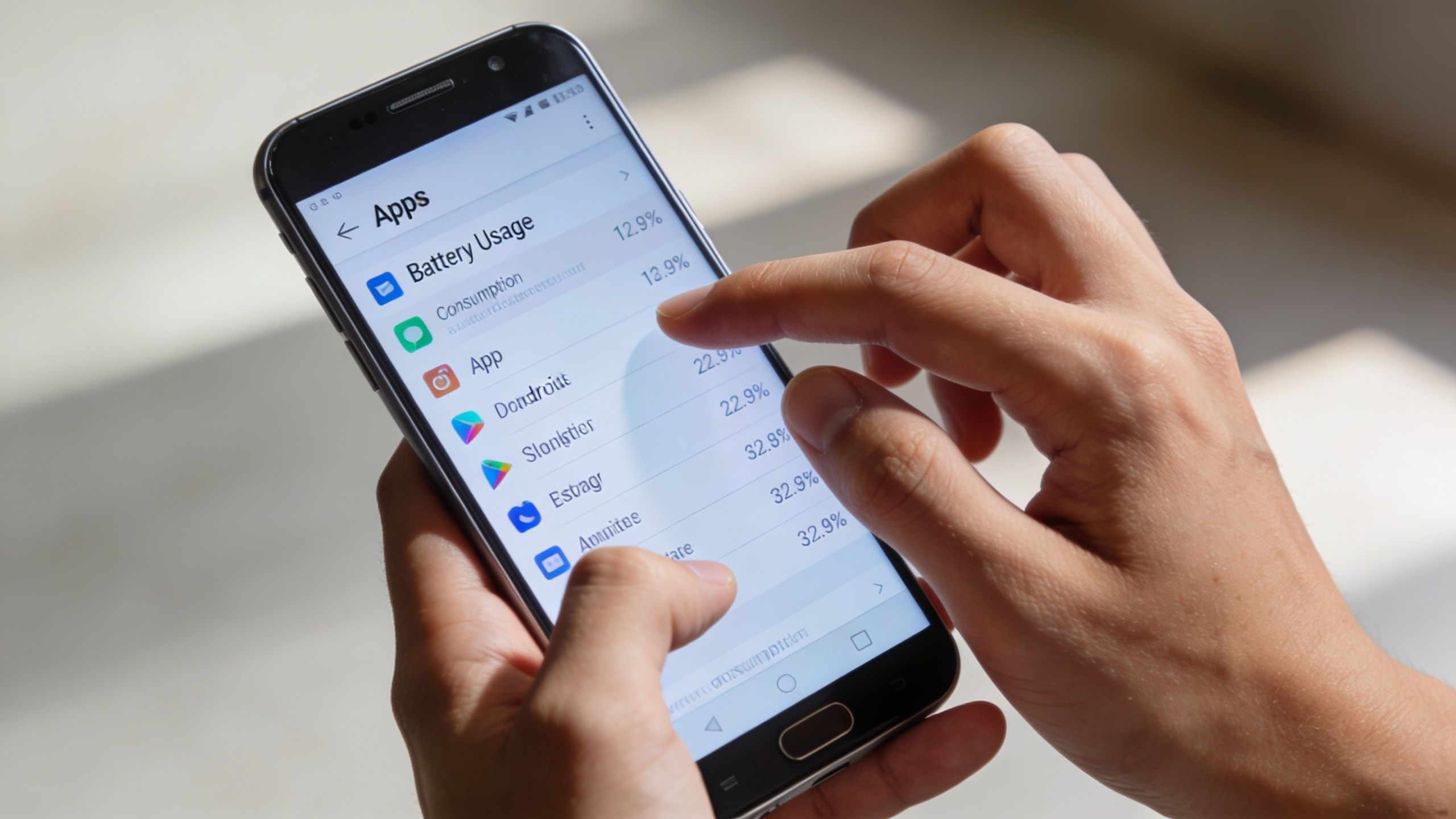 A person checking battery usage settings on their smartphone, potentially searching for suspicious background activities or apps.