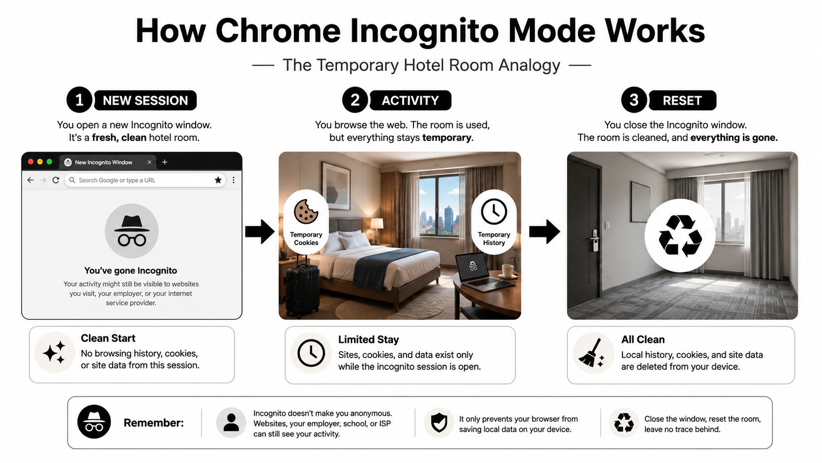 An infographic explaining how Chrome Incognito Mode works using a temporary hotel room analogy for browsing privacy.