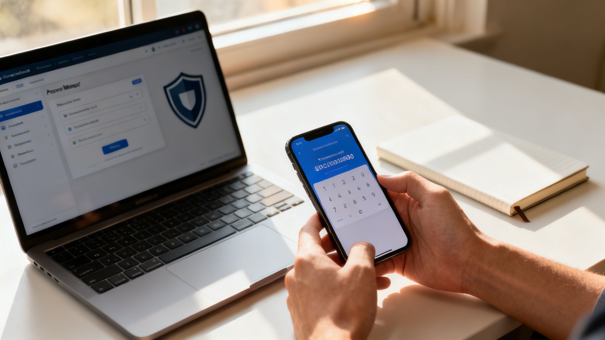 A person uses a smartphone to enter a code, with a laptop displaying a security website.