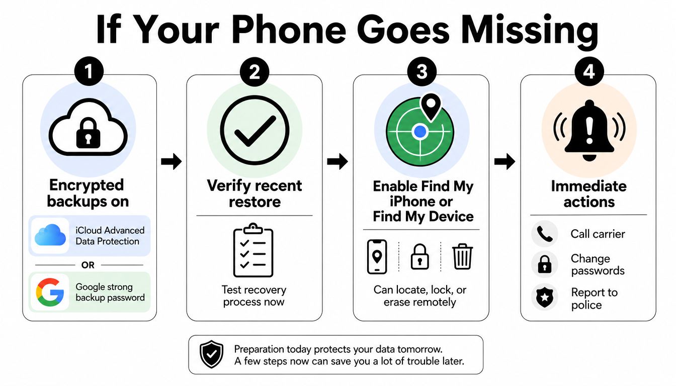 An infographic detailing four steps to protect your data and actions to take if your phone goes missing.