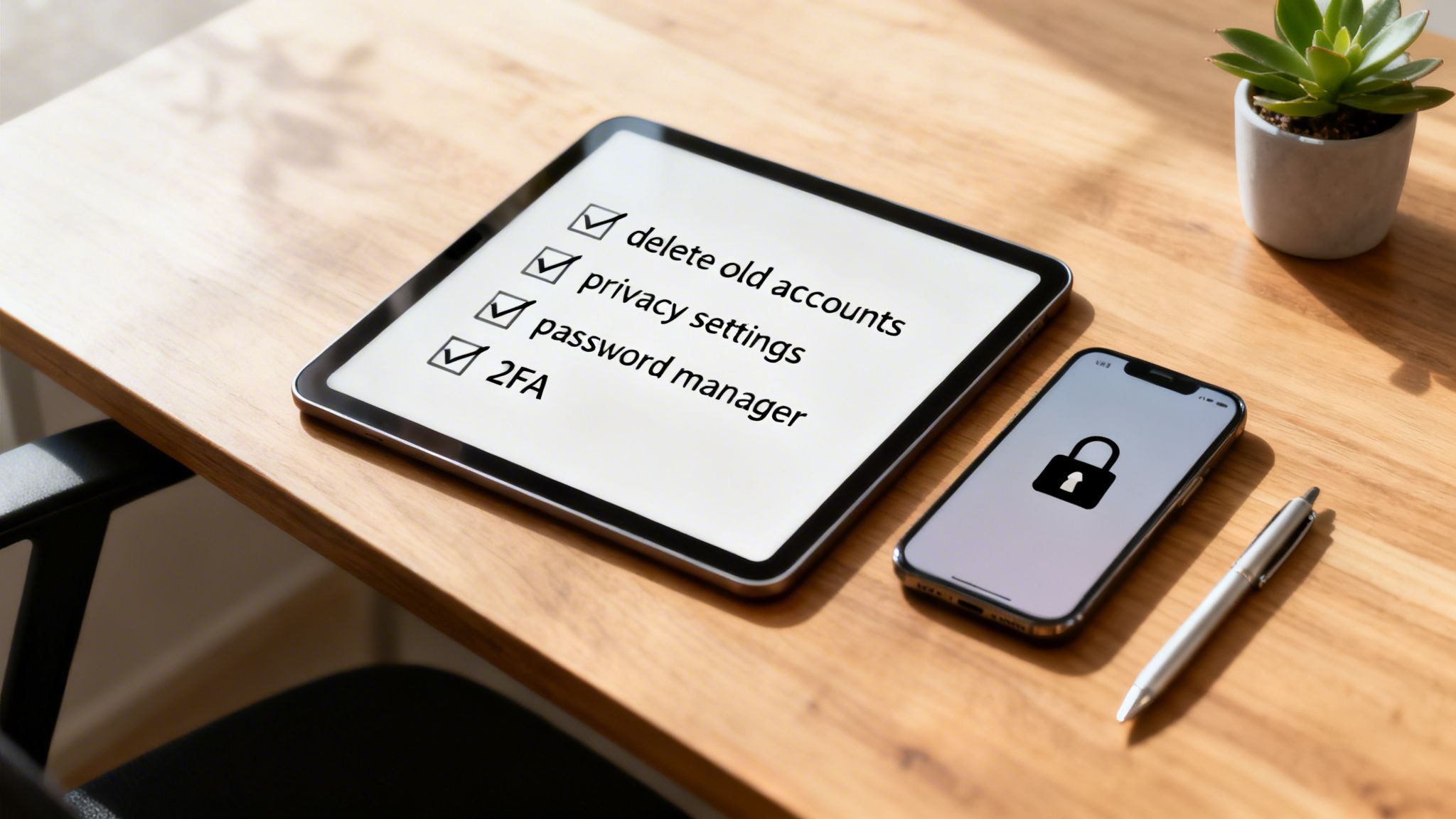 A tablet displays a digital privacy checklist, alongside a smartphone with a lock icon on a wooden desk.