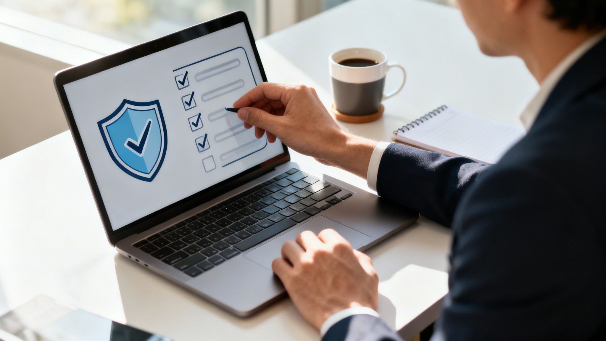 A person uses a stylus on a laptop screen displaying a blue security shield icon and a checklist with multiple items checked, suggesting data protection or compliance.