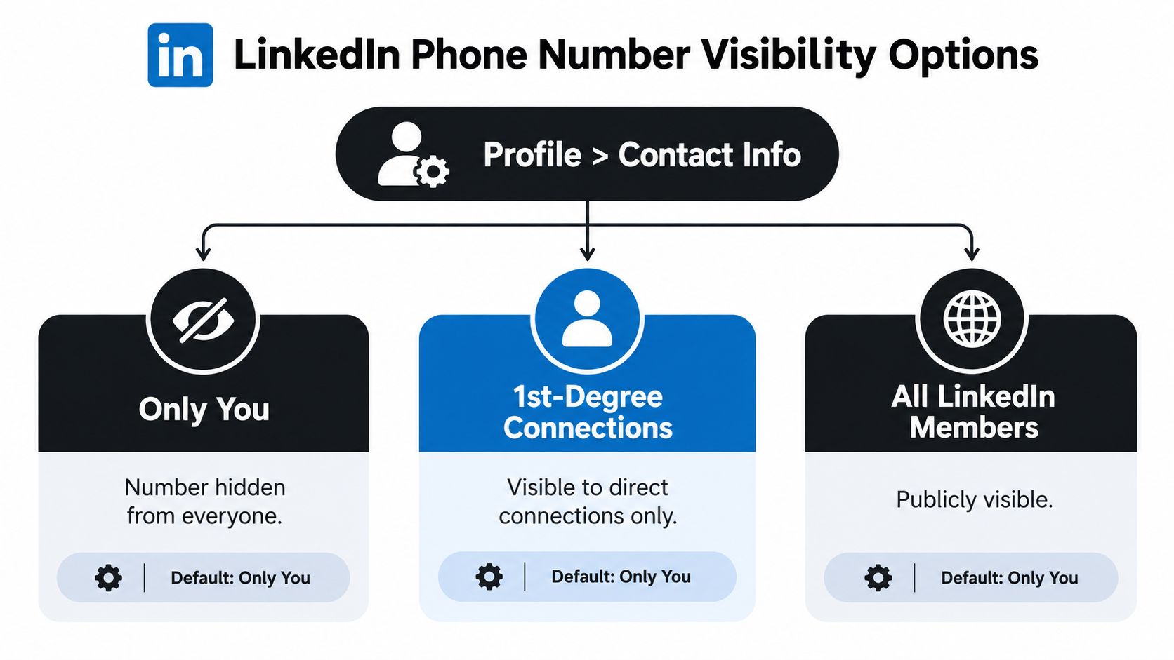 An infographic showing LinkedIn contact information privacy settings for phone number visibility and privacy options.