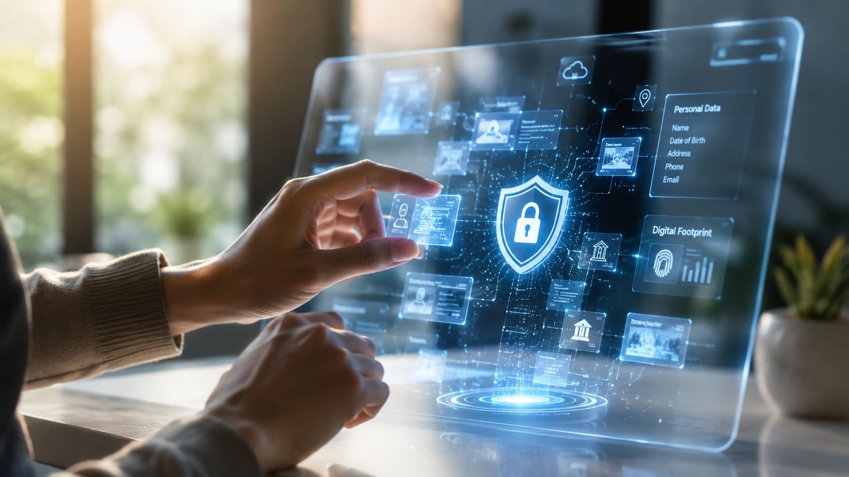 A person interacting with a digital interface displaying cybersecurity features and personal data protection icons.