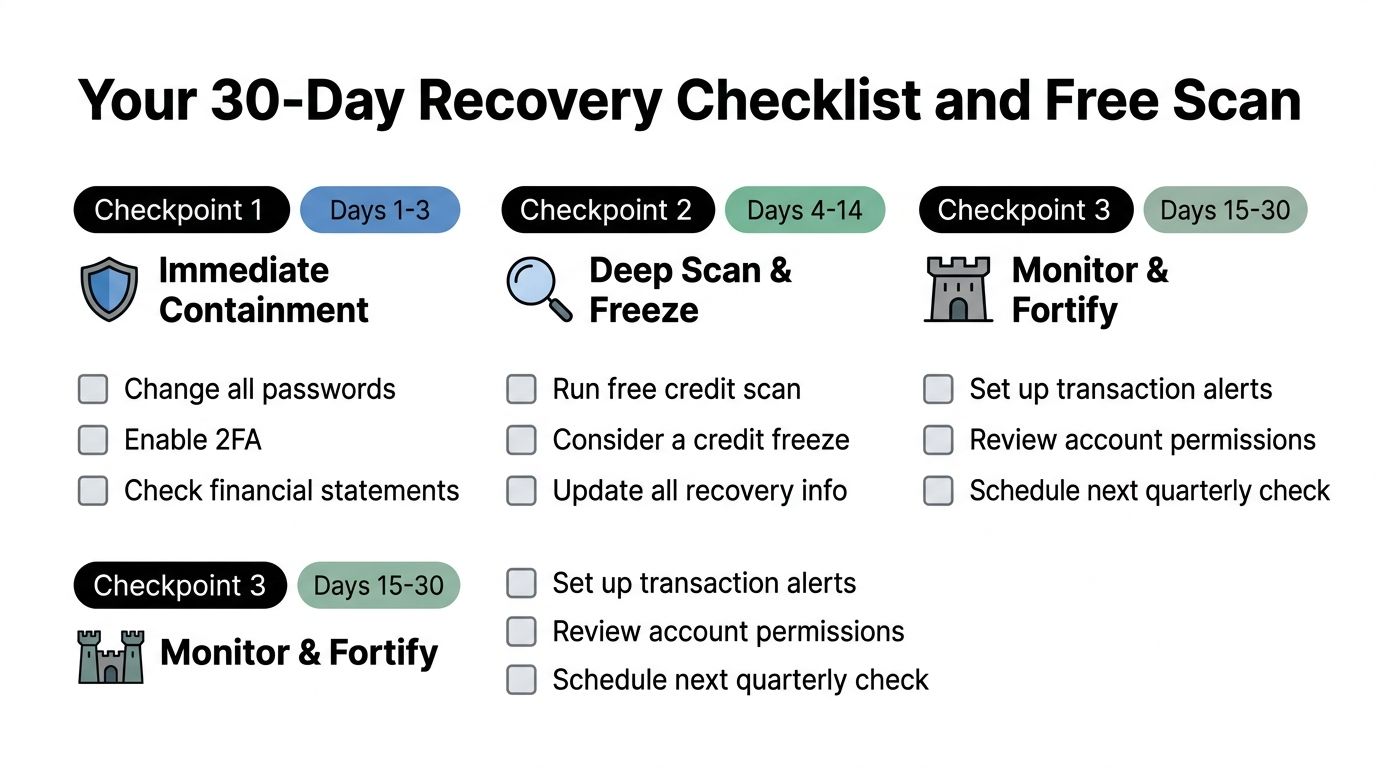 A 30-day recovery checklist for data breach victims, detailing security steps from immediate containment to long-term monitoring.