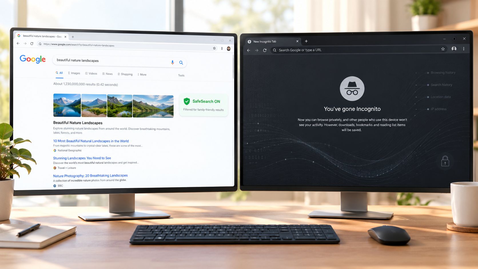 Two computer monitors showing Google search results and an Incognito mode browser window on a wooden desk.