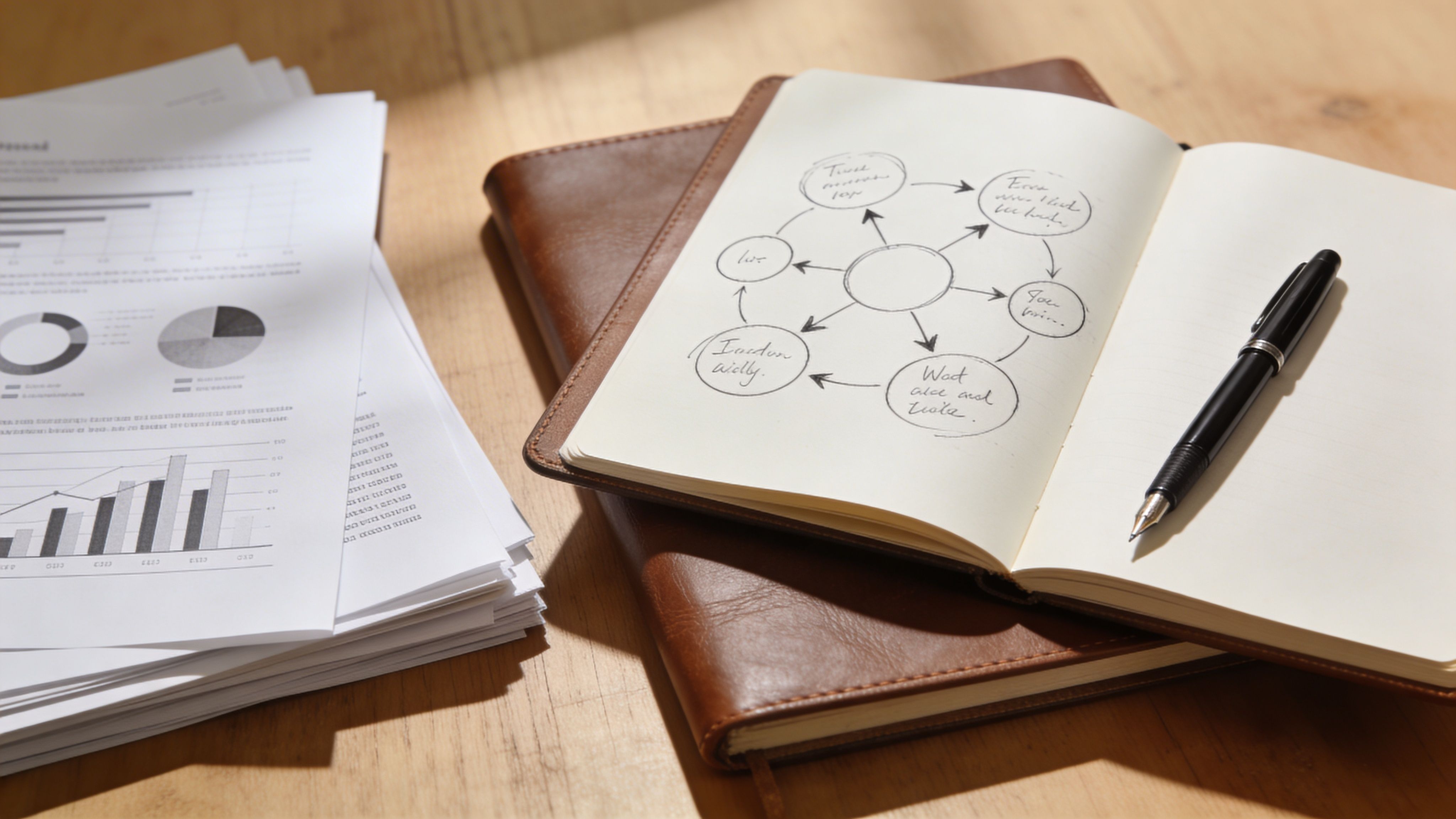 An open notebook with a hand-drawn circular diagram lying on a wooden desk with documents and pen.