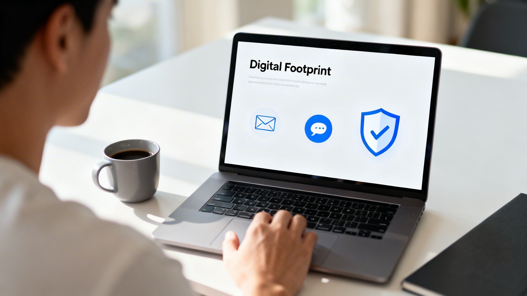 Person viewing laptop with 'Digital Footprint' info and security icons, along with a coffee cup.