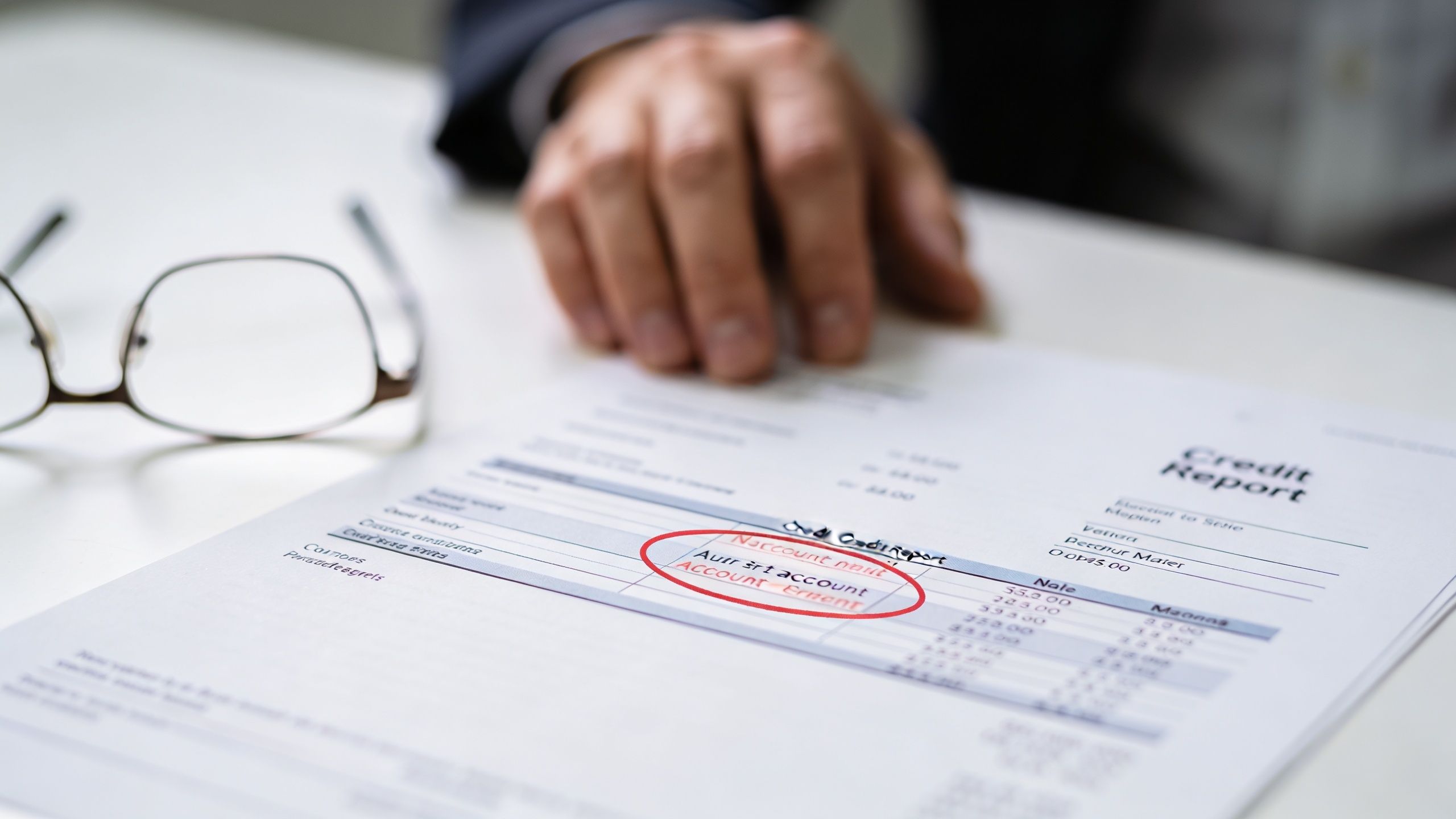 A close-up view of a person reviewing a credit report with a circled suspicious account entry.