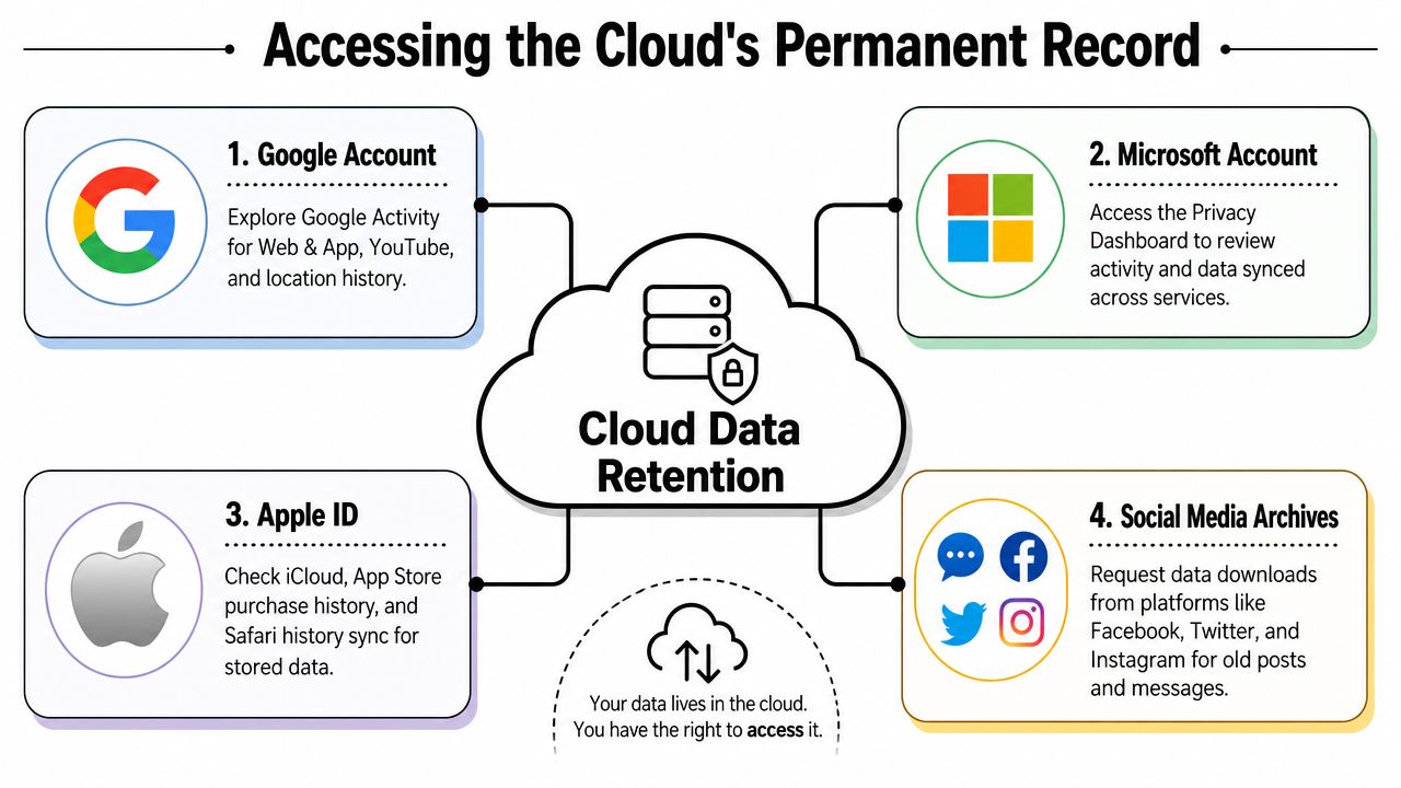 A diagram illustrating how to access permanent cloud data records from Google, Microsoft, Apple, and social media platforms.