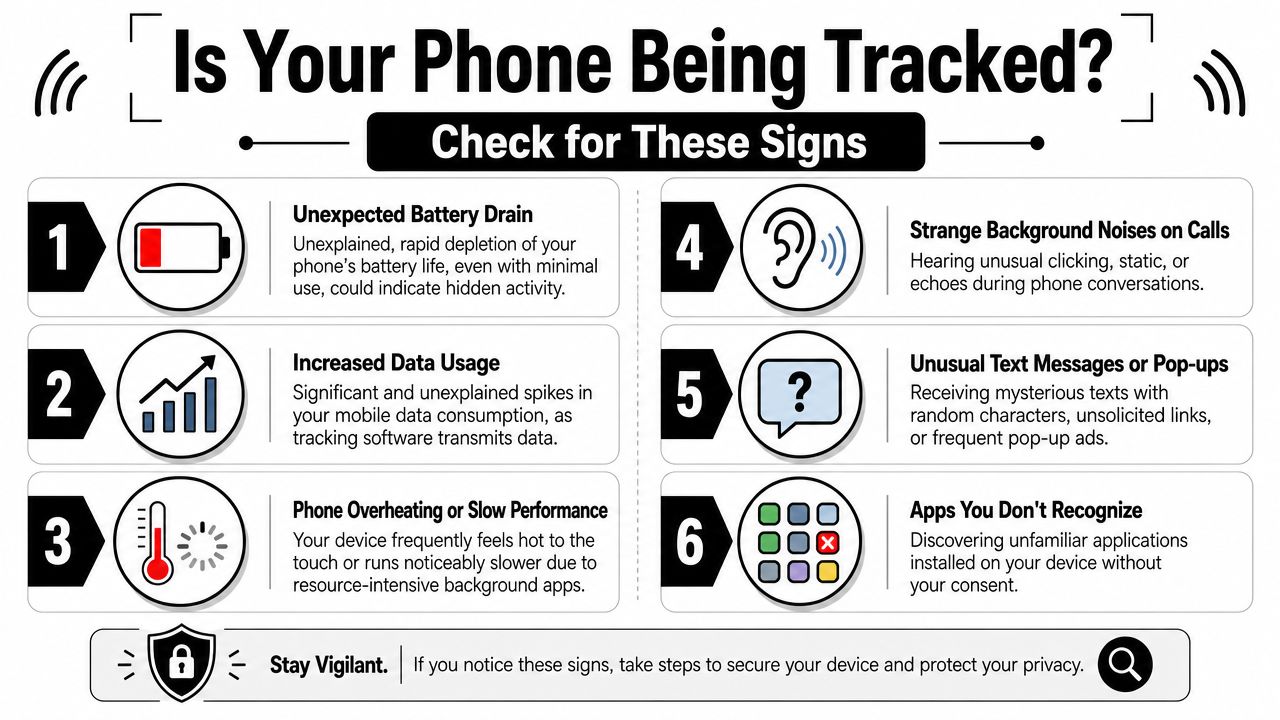 An infographic titled Is Your Phone Being Tracked listing six common signs of mobile device security compromises.
