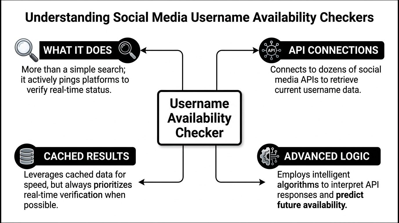 A diagram explaining how social media username availability checkers function through APIs, caching, and advanced logic algorithms.