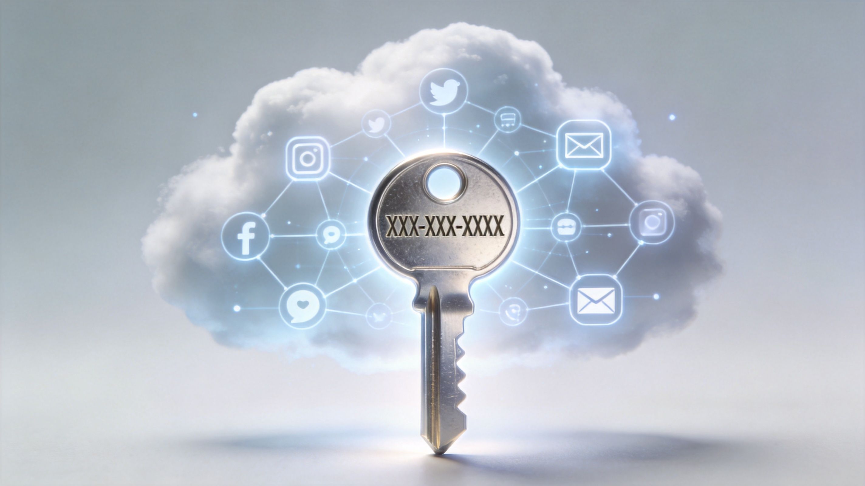 A silver key floating in front of a digital cloud with various social media and communication icons.