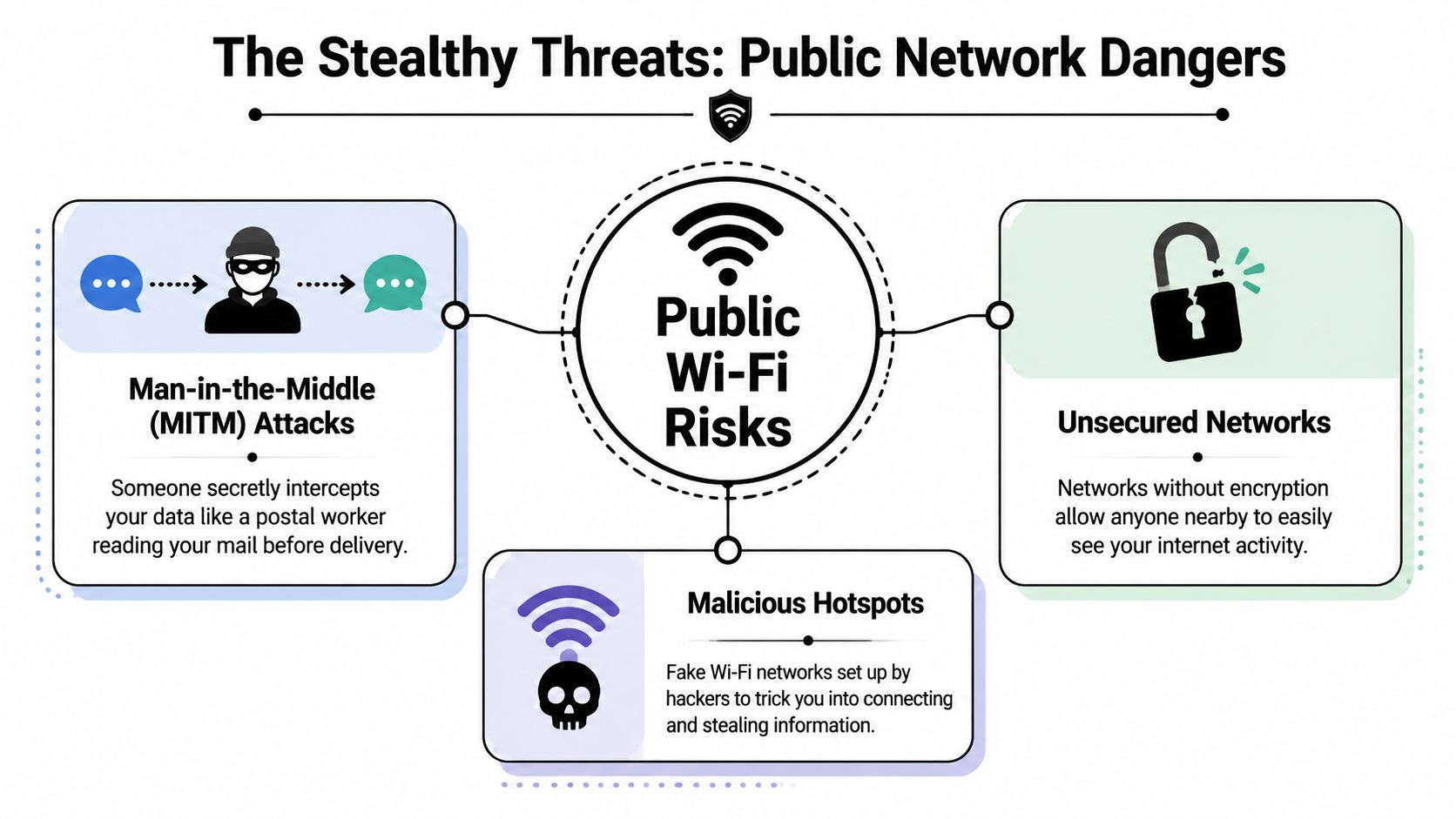 An infographic detailing public Wi-Fi risks including man-in-the-middle attacks, unsecured networks, and malicious hotspots for online safety.