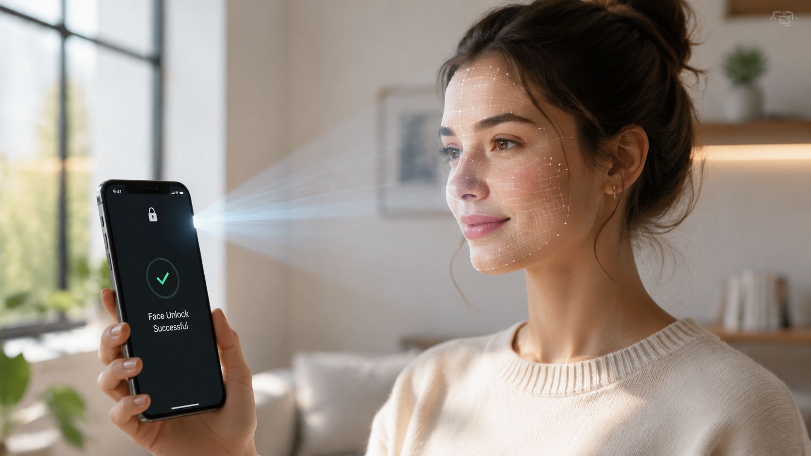 A woman unlocking her smartphone using advanced 3D facial recognition technology in a bright modern home setting.