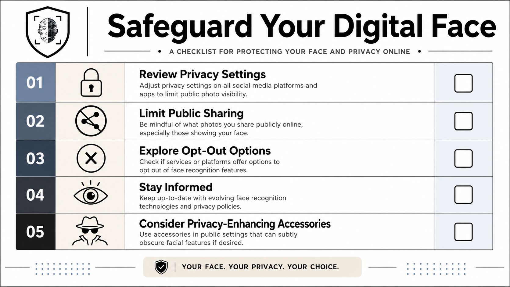 A checklist infographic titled Safeguard Your Digital Face detailing five steps to protect personal privacy online.
