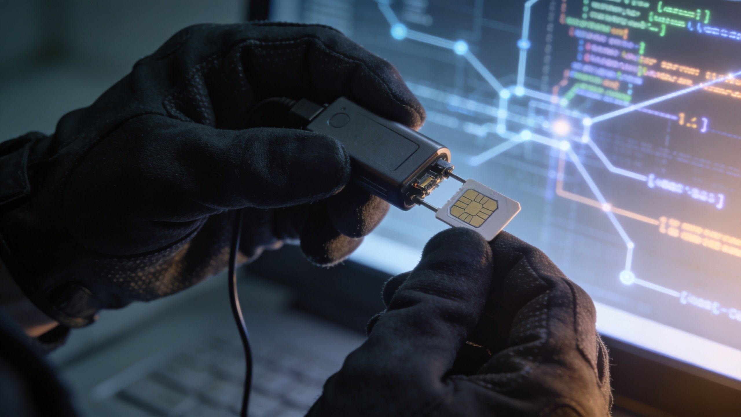 A person in black gloves holding a SIM card and connecting it to a hardware reader device.