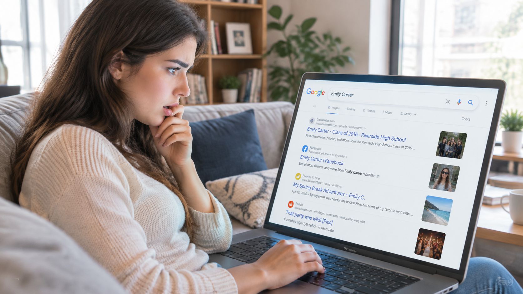 A concerned young woman looking at search results of her own name on a laptop screen.