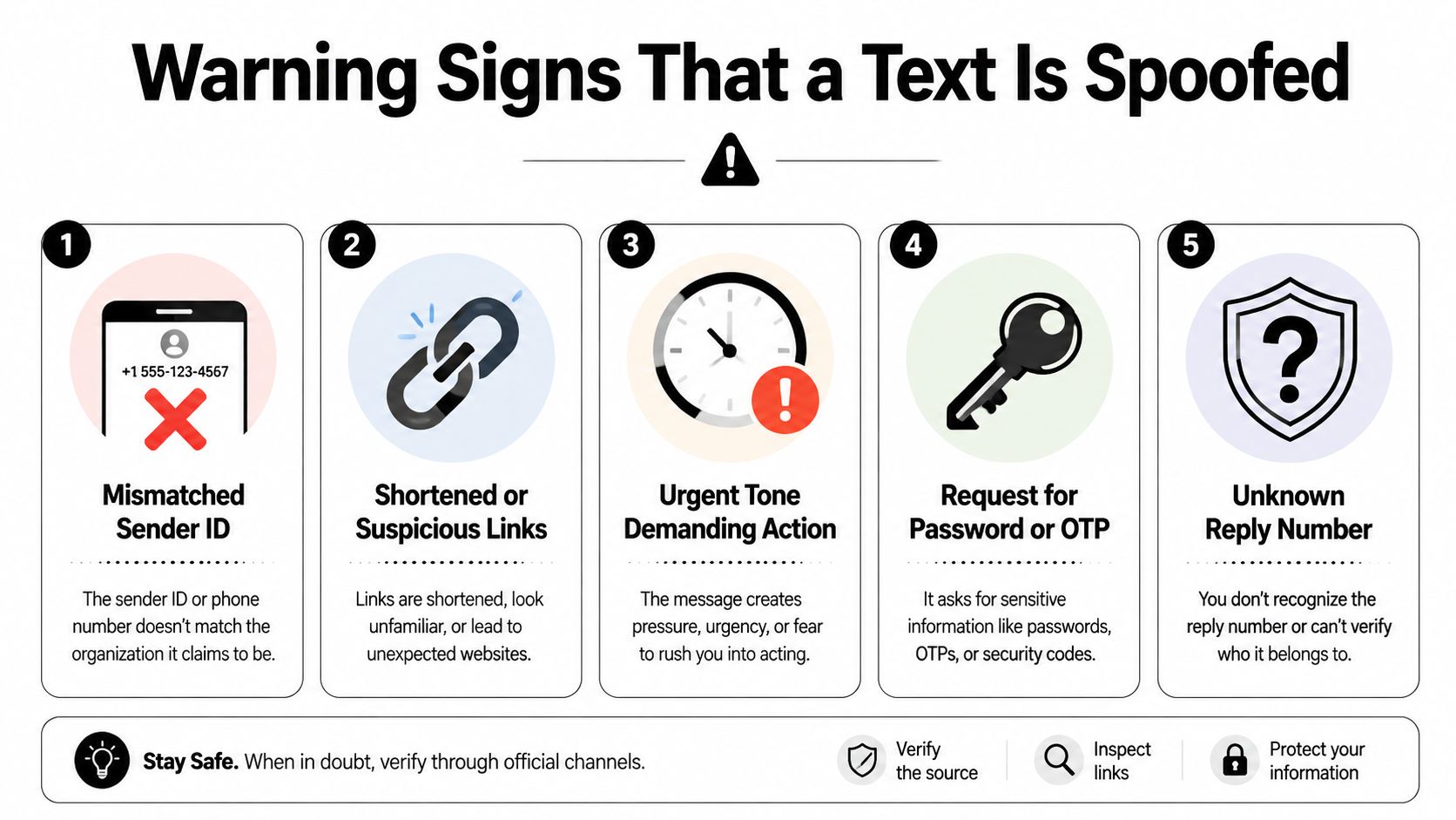 An infographic detailing five warning signs that a text message is spoofed, including instructions on staying safe.