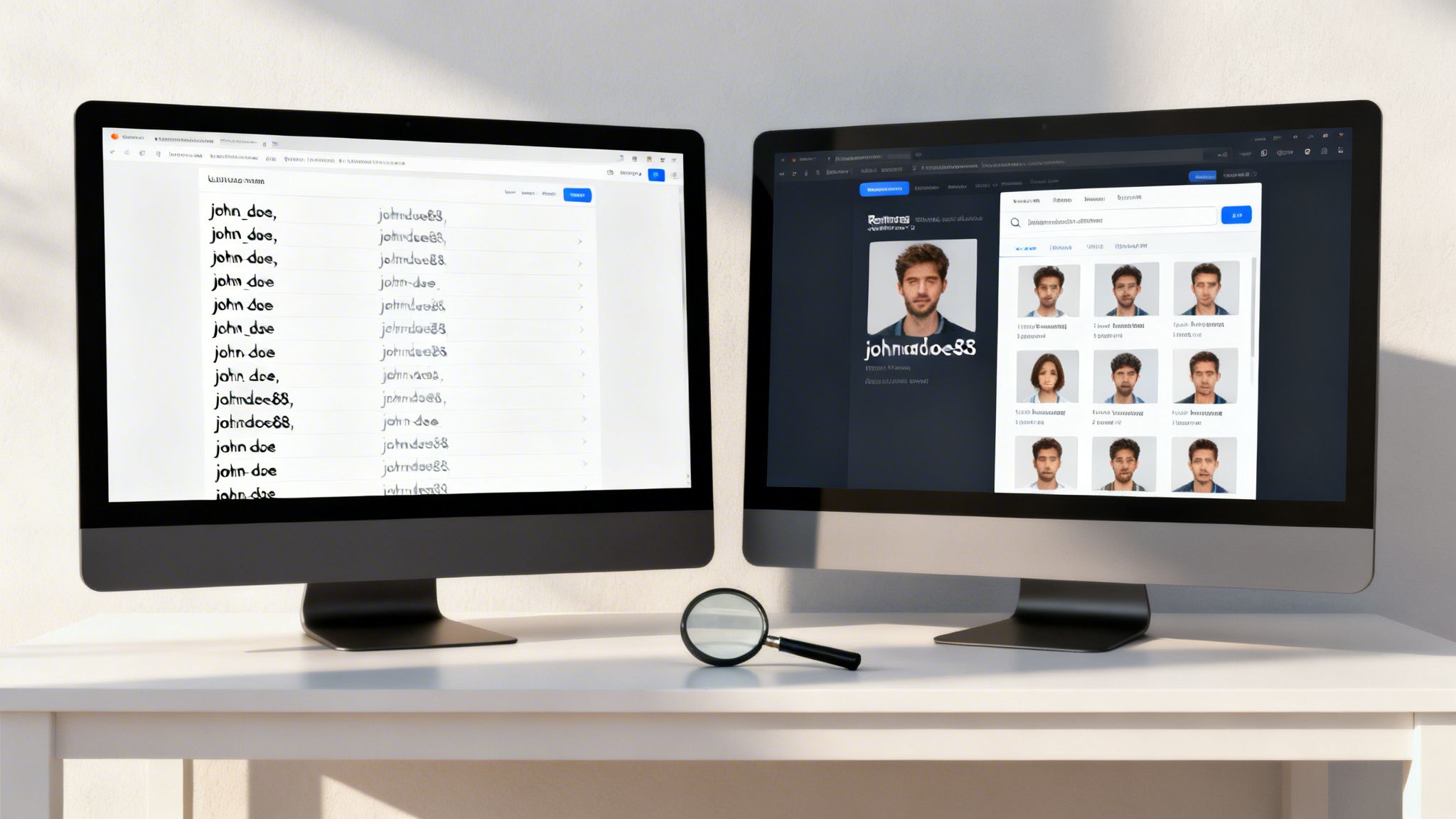 Two computer monitors display search results and user profiles for 'john_doe' and 'johndoes88' on a white desk.