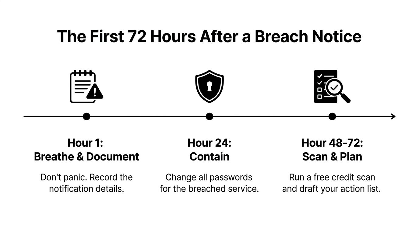 A timeline graphic showing steps to take during the first 72 hours after a data breach notification.