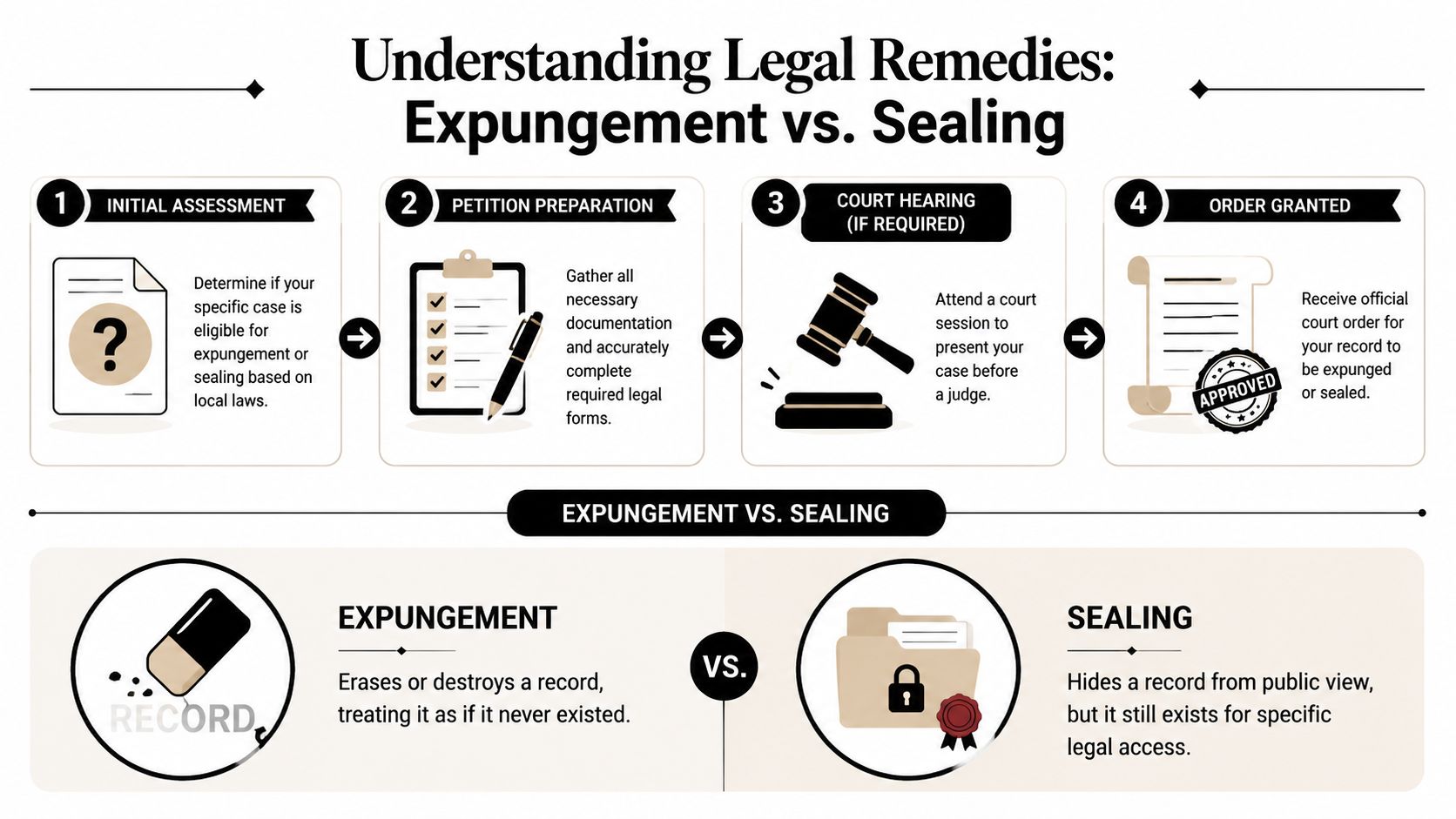 A flowchart infographic explaining the four-step legal process for criminal record expungement versus sealing a record.