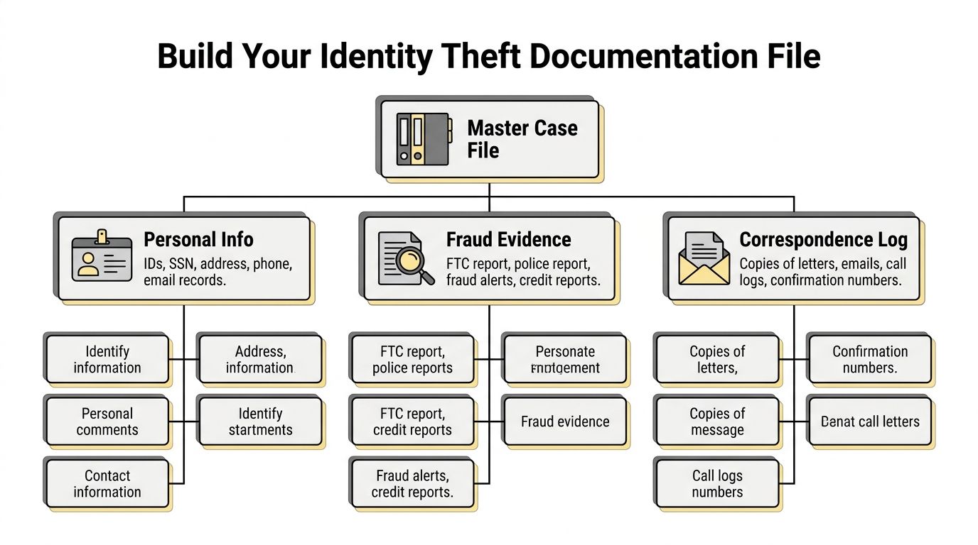A diagram illustrating how to build a master case file for organizing identity theft documentation.