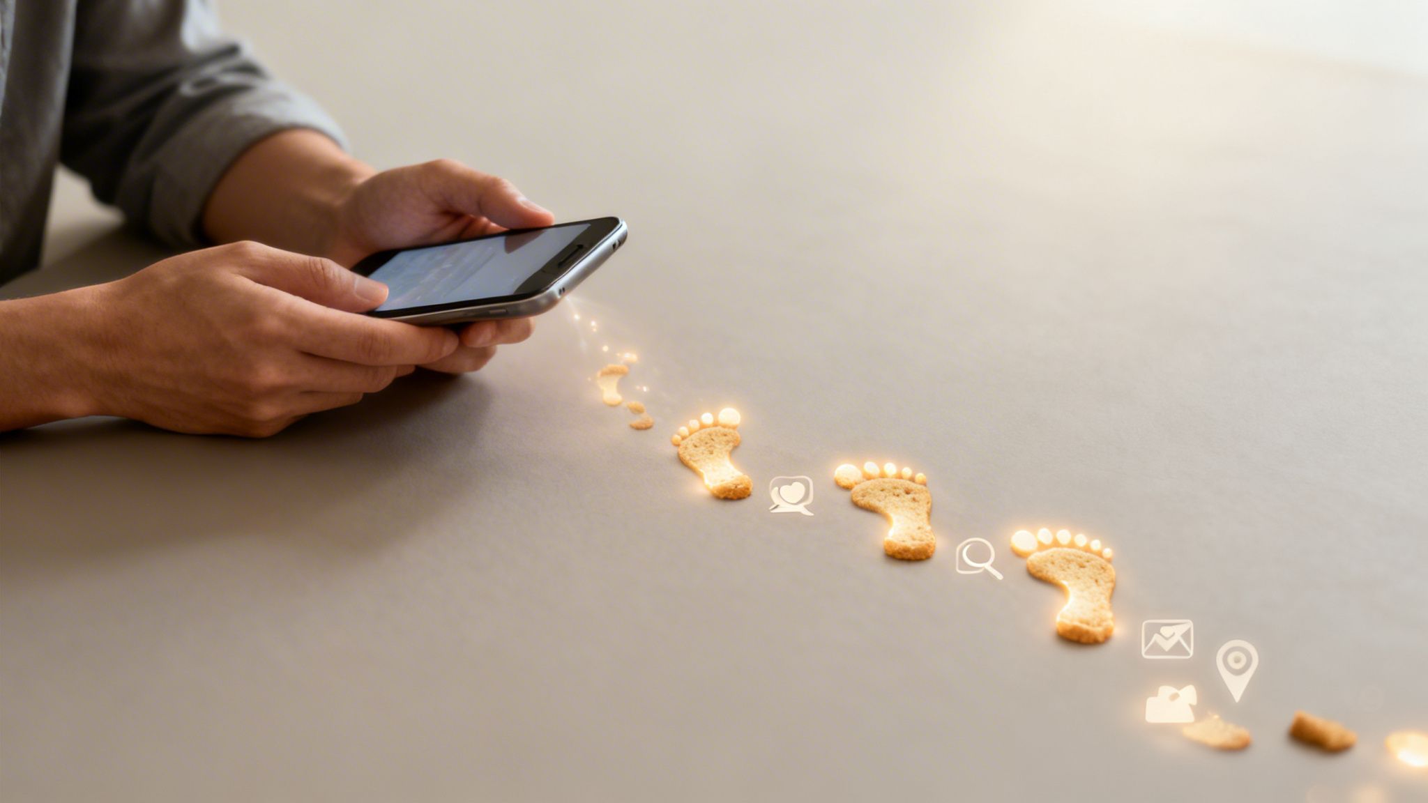 Hands hold a smartphone, leaving a glowing trail of biscuit-shaped footprints with digital icons.