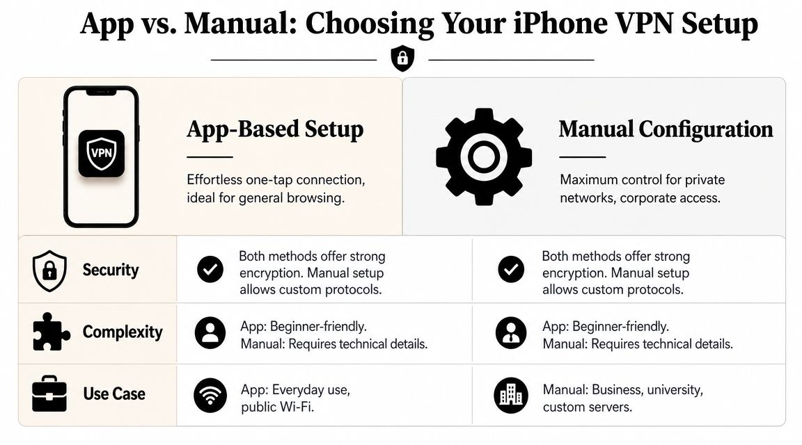 A comparison chart showing the differences between app-based and manual VPN setup methods for iPhone users.