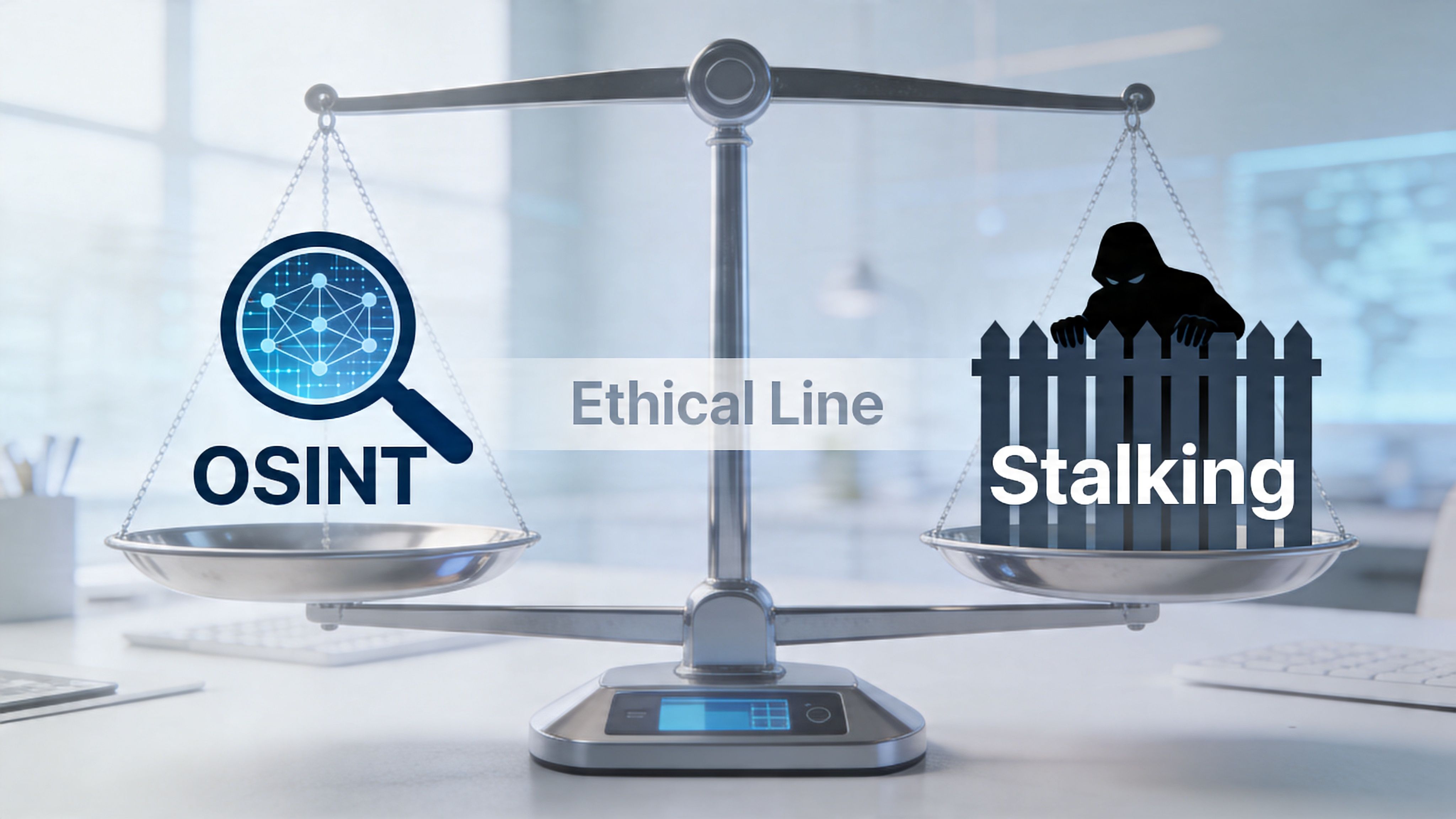 A digital scale balancing OSINT representing data gathering and a stalking silhouette, illustrating an ethical boundary concept.