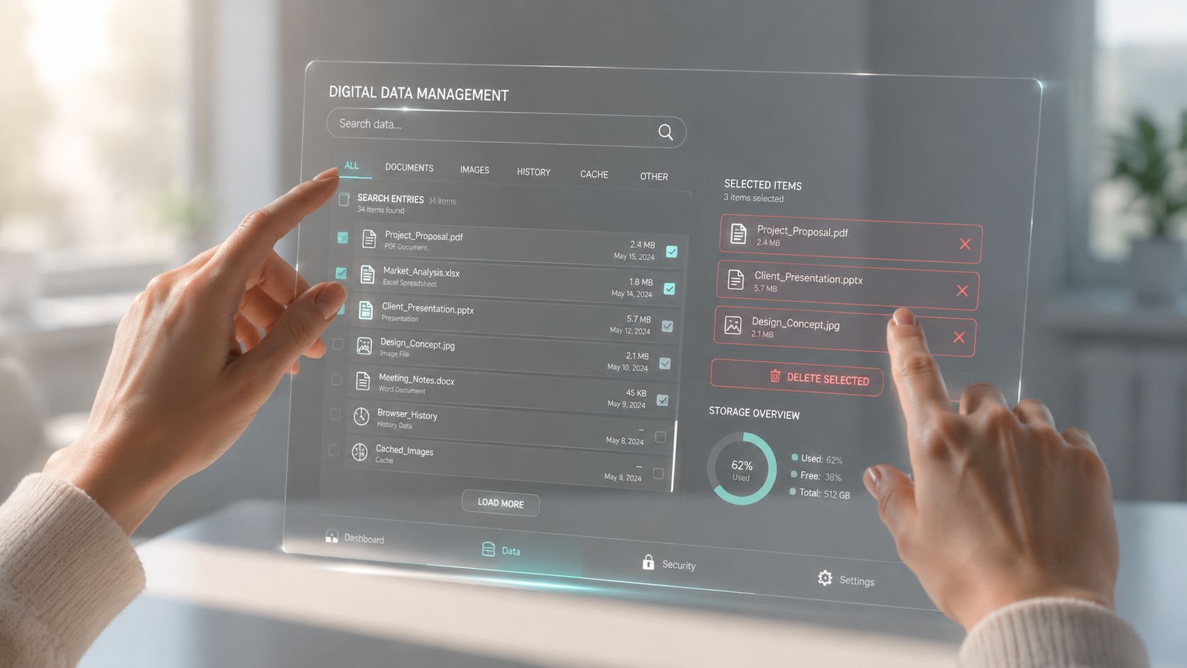 A person interacting with a futuristic, transparent digital data management interface to select and manage files.