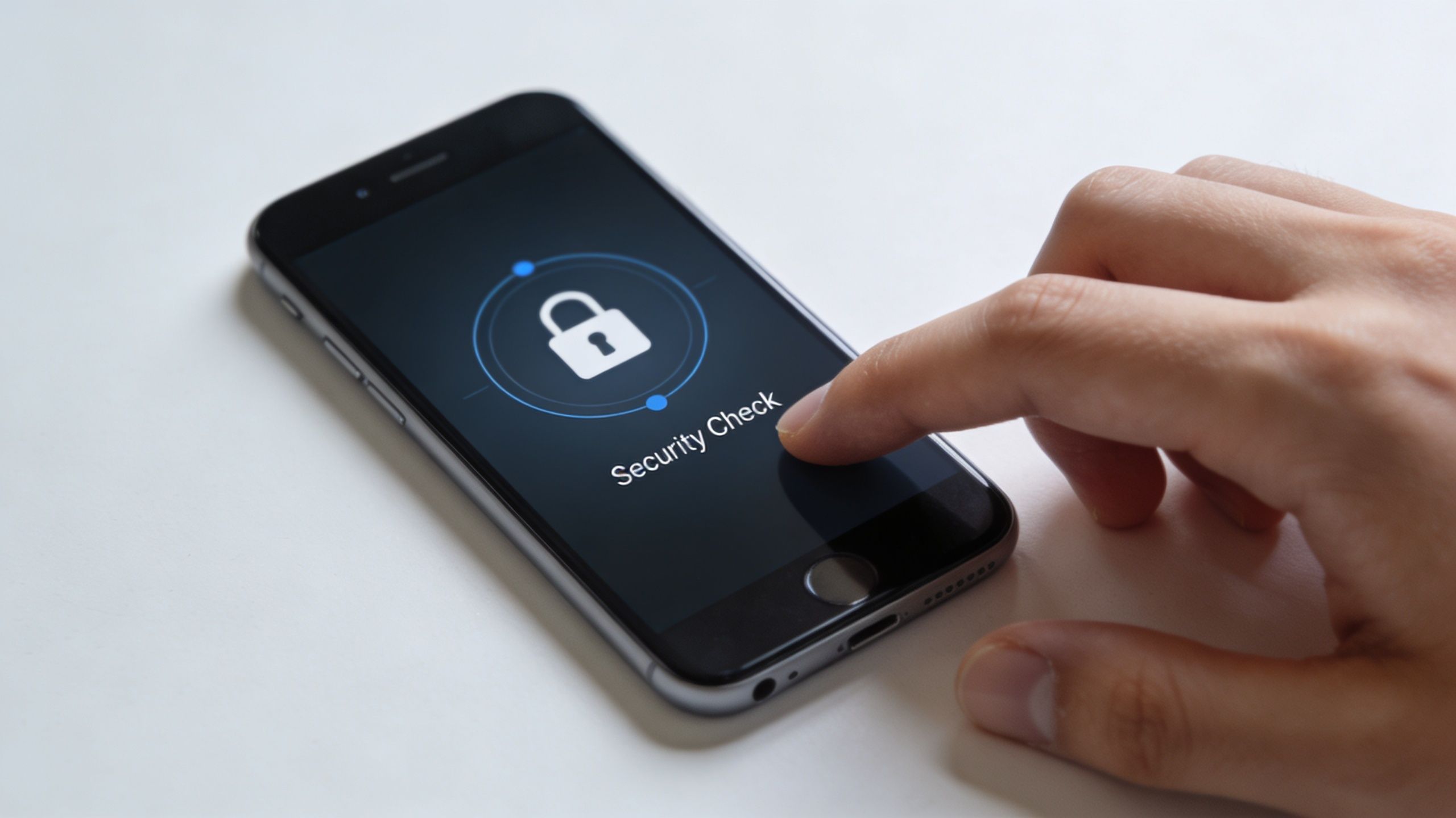 A close-up view of a person using a smartphone to perform a security check on their device.