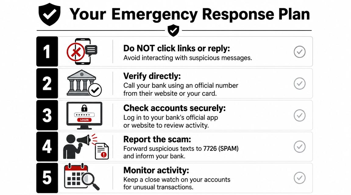 A five-step emergency response infographic guide for identifying and handling suspicious bank text message scams.