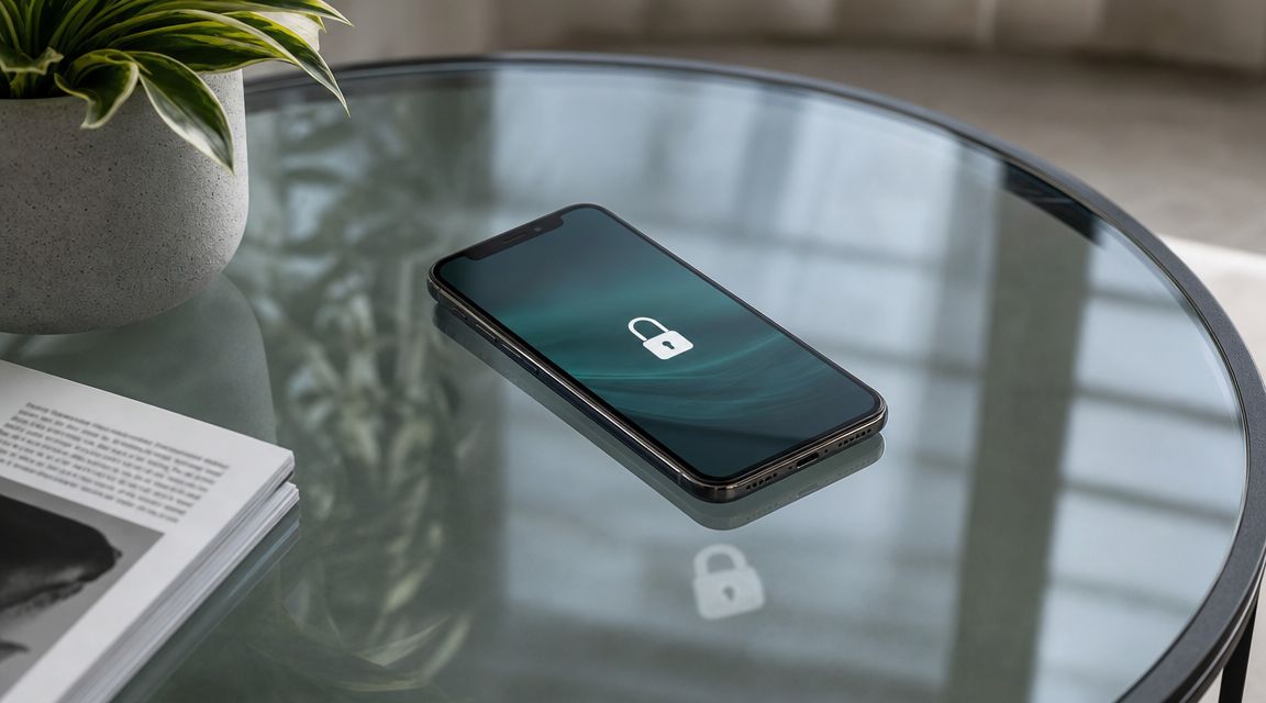 A smartphone with a lock icon displayed on its screen, resting on a glass coffee table.
